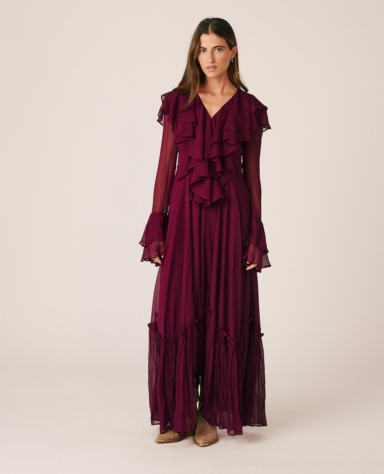 alma-en-pena-langes-chiffonkleid-mit-r-schen-bordeaux image 3