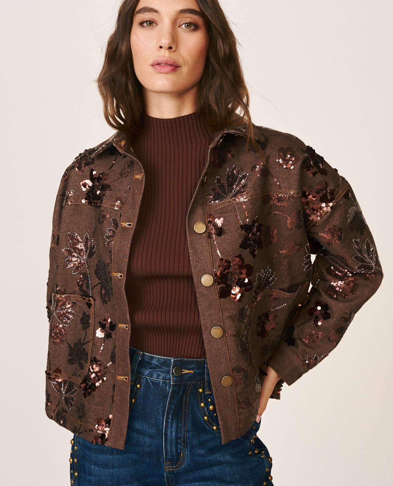 alma-en-pena-jeansjacke-aus-twill-mit-blumenstickerei-braun-perlen-und-paillette image 5