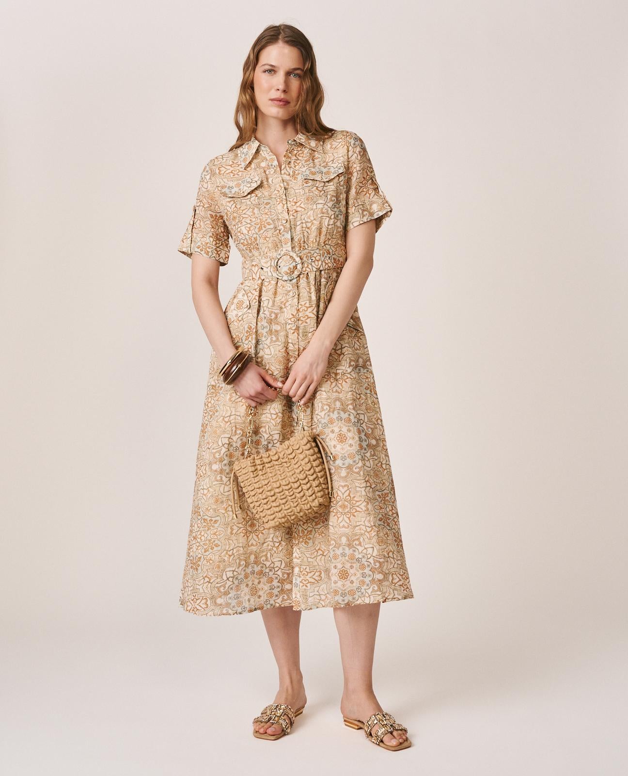 alma-en-pena-mosaik-midi-kleid-kurzarm-hemdkragen-braun image 3