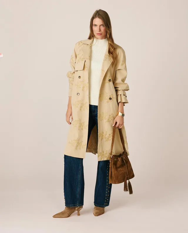alma-en-pena-trenchcoat-beige-3-4-l-nge-mit-blumenstickerei-und-g-rtel image 1