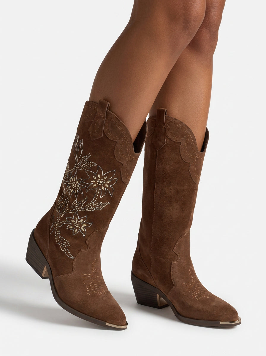 alma-en-pena-floral-suede-cowboy-boots-damen-kniehoch-camel-mit-stickerei image 6