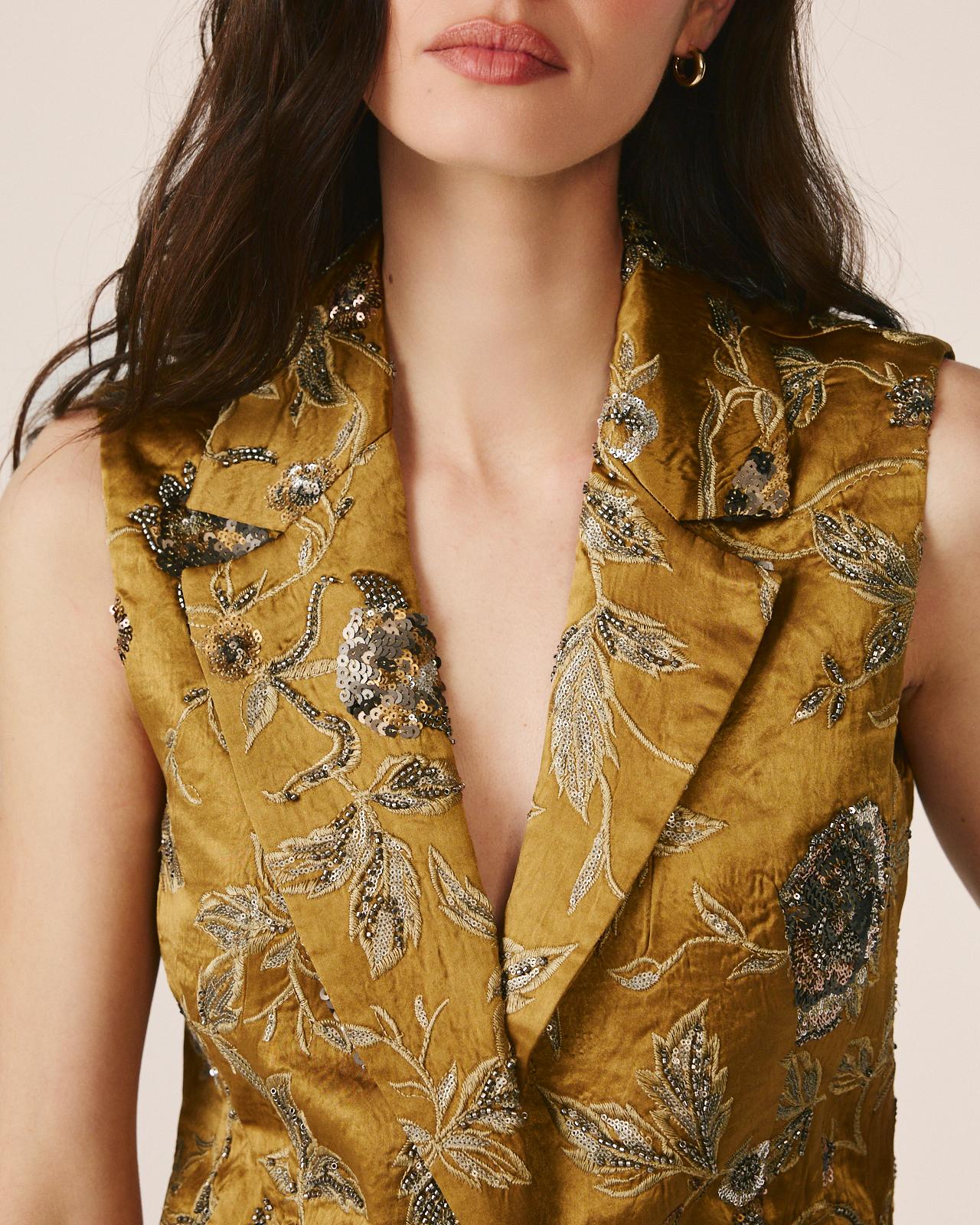 alma-en-pena-floral-vest-taillierte-satin-weste-khaki image 6