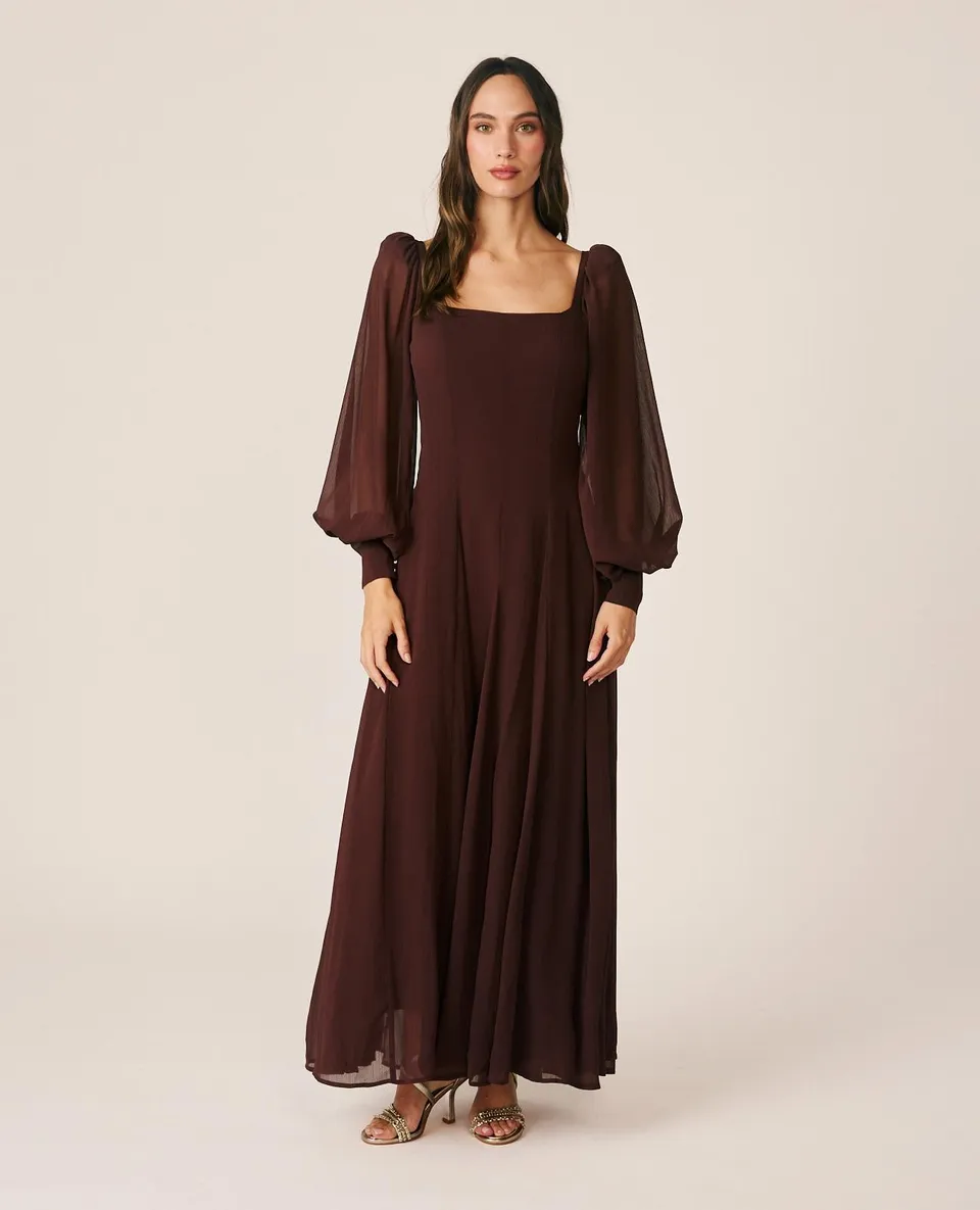 alma-en-pena-langes-chiffonkleid-braun-mit-puff-rmeln image 1