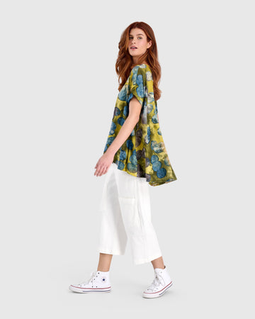 alembika-sun-soaked-trapeze-top-gold-ocean-dots-burnout-shirt image 2