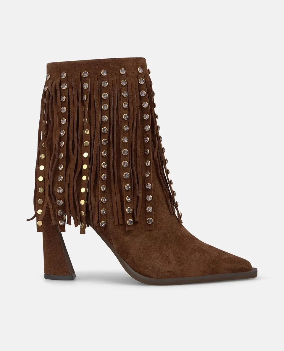 alma-en-pena-suede-ankle-boots-mit-fransen-camel-9-cm-trichterabsatz image 1
