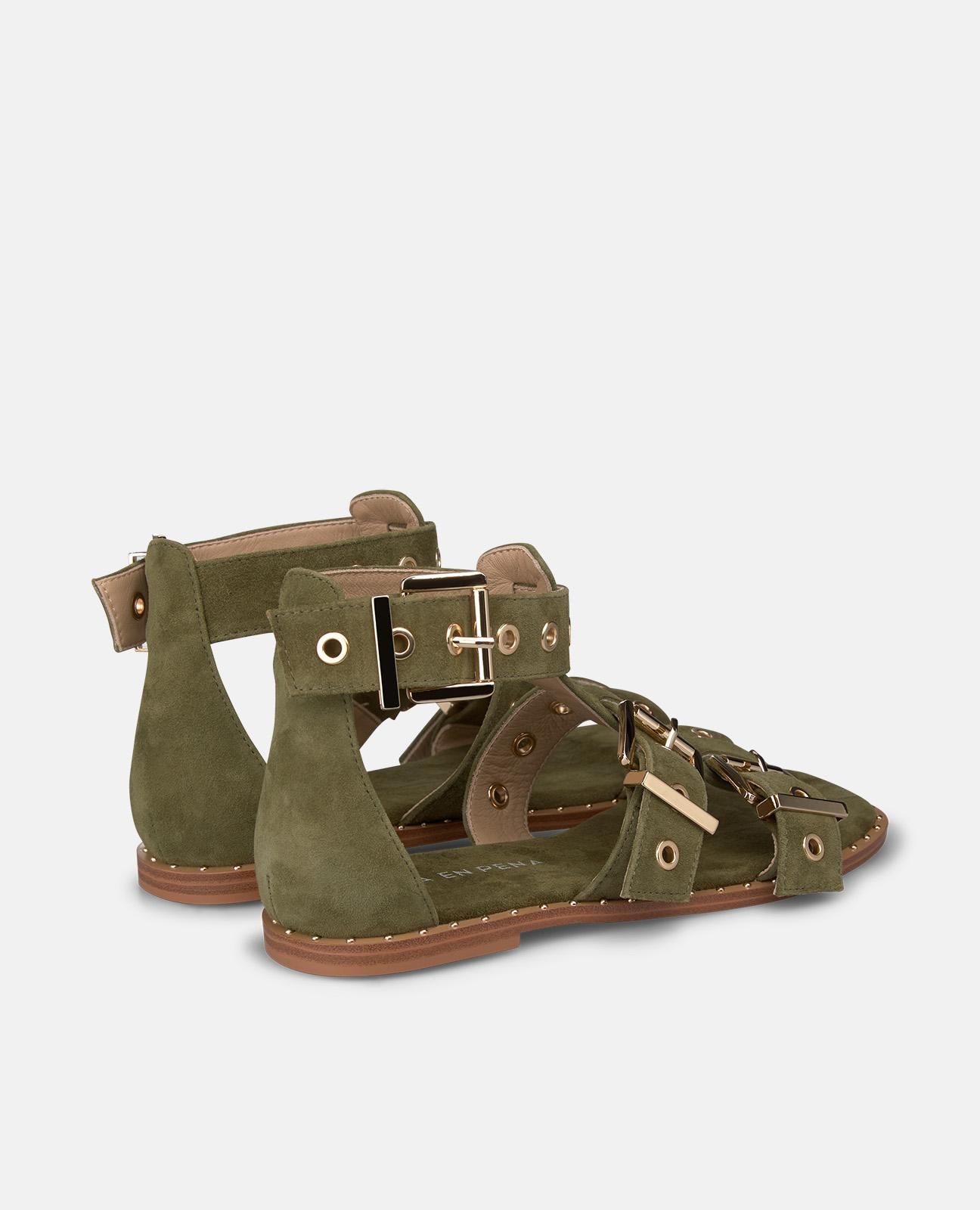 alma-en-pena-flache-sandale-mit-breiter-schnalle-t-riemen-in-khaki image 3