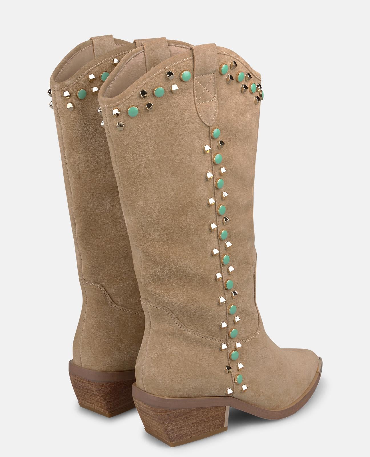 alma-en-pena-cowboy-boots-aus-veloursleder-mit-nieten-und-strass-beige image 3