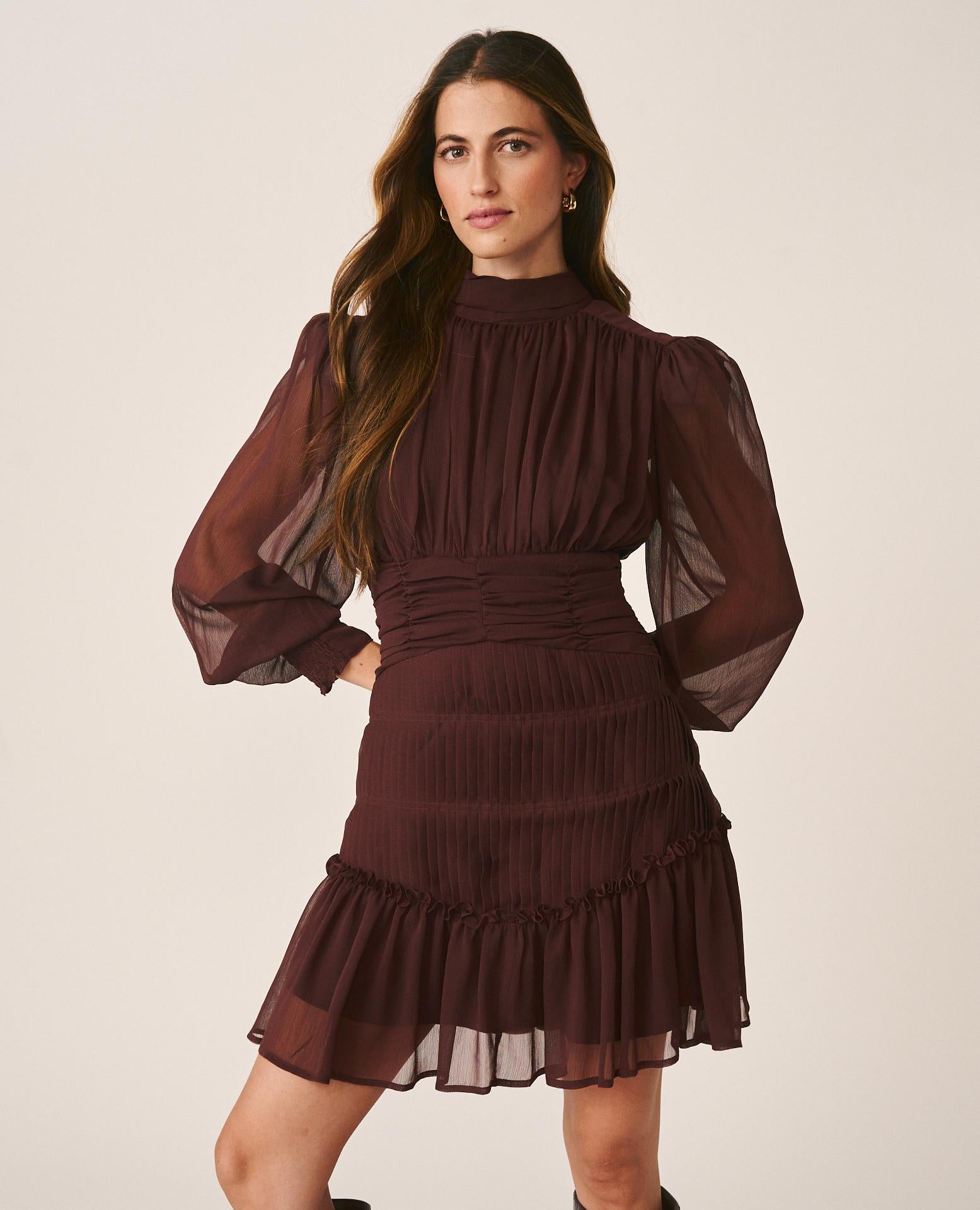 alma-en-pena-chiffon-minikleid-braun-perkinskragen-langarm image 3