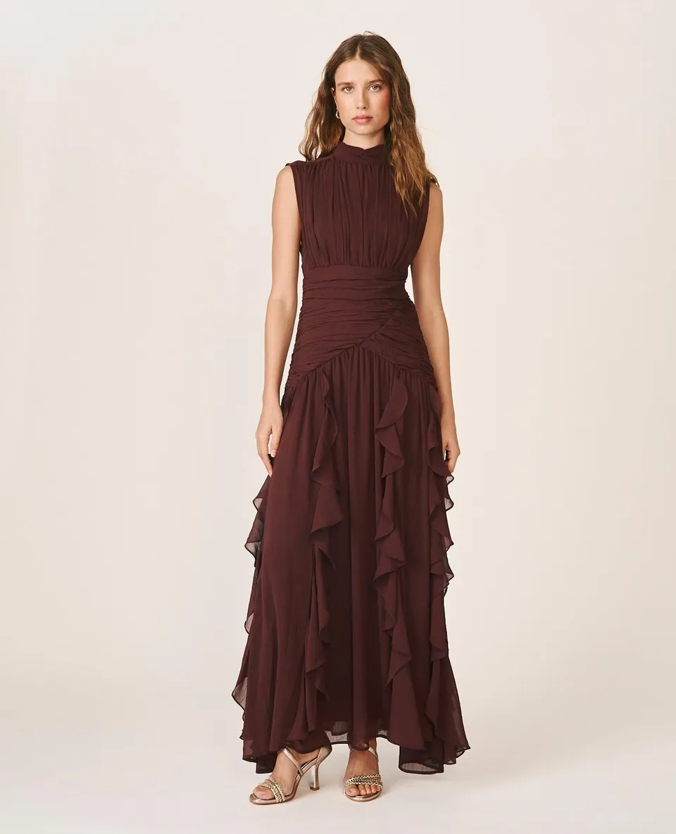 alma-en-pena-langes-kleid-mit-r-schen-braun-rmellos image 1