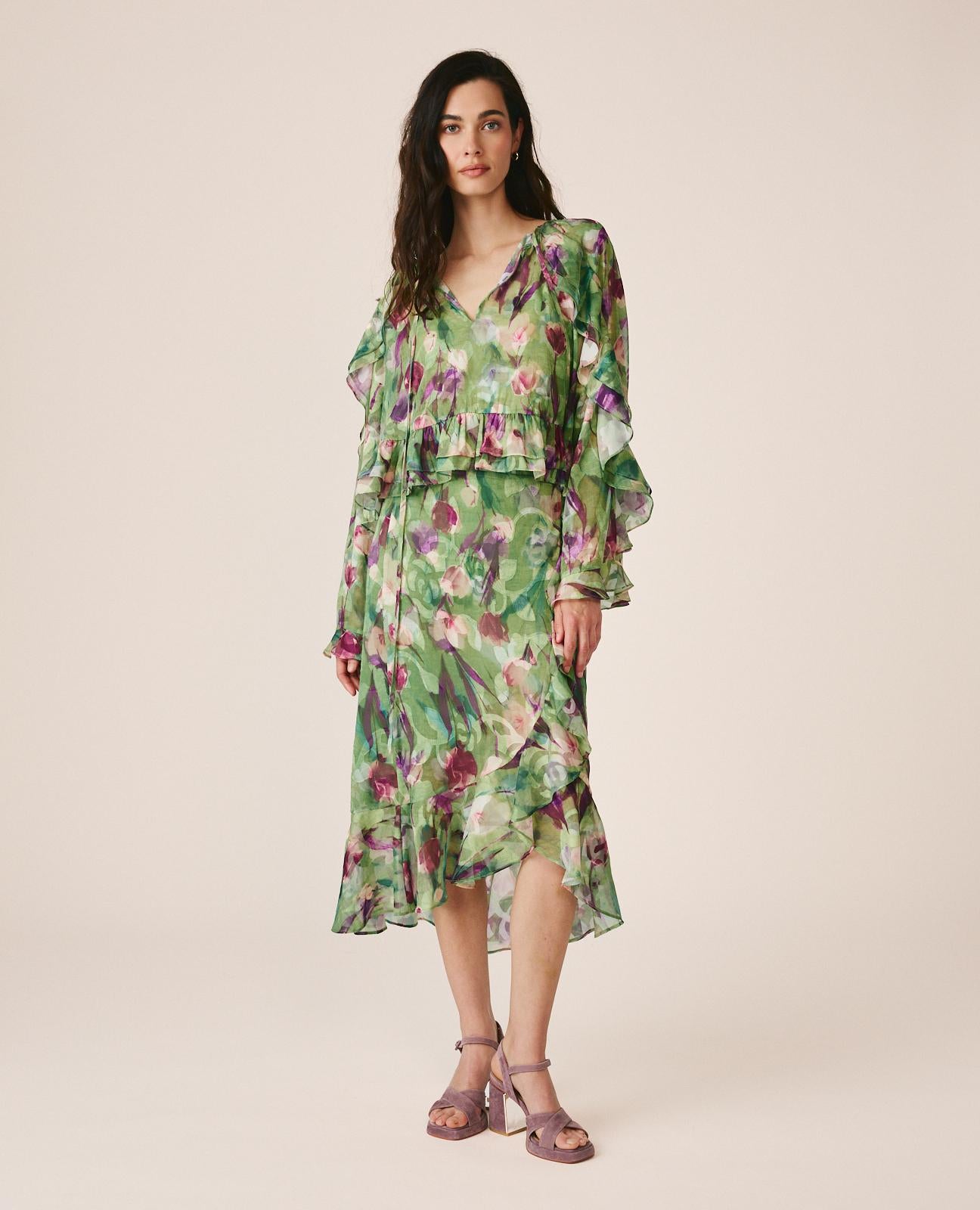 alma-en-pena-ruffle-sleeve-bluse-chiffon-bluse-mit-r-schen-v-ausschnitt-gr-n image 3