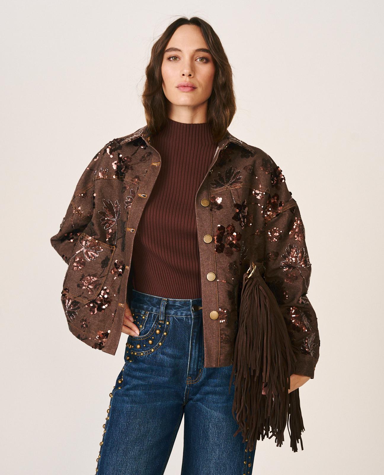 alma-en-pena-jeansjacke-aus-twill-mit-blumenstickerei-braun-perlen-und-paillette image 4