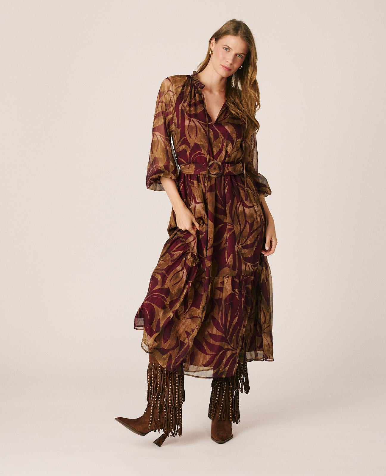 alma-en-pena-floral-chiffon-midi-dress-midi-kleid-bordeaux image 1