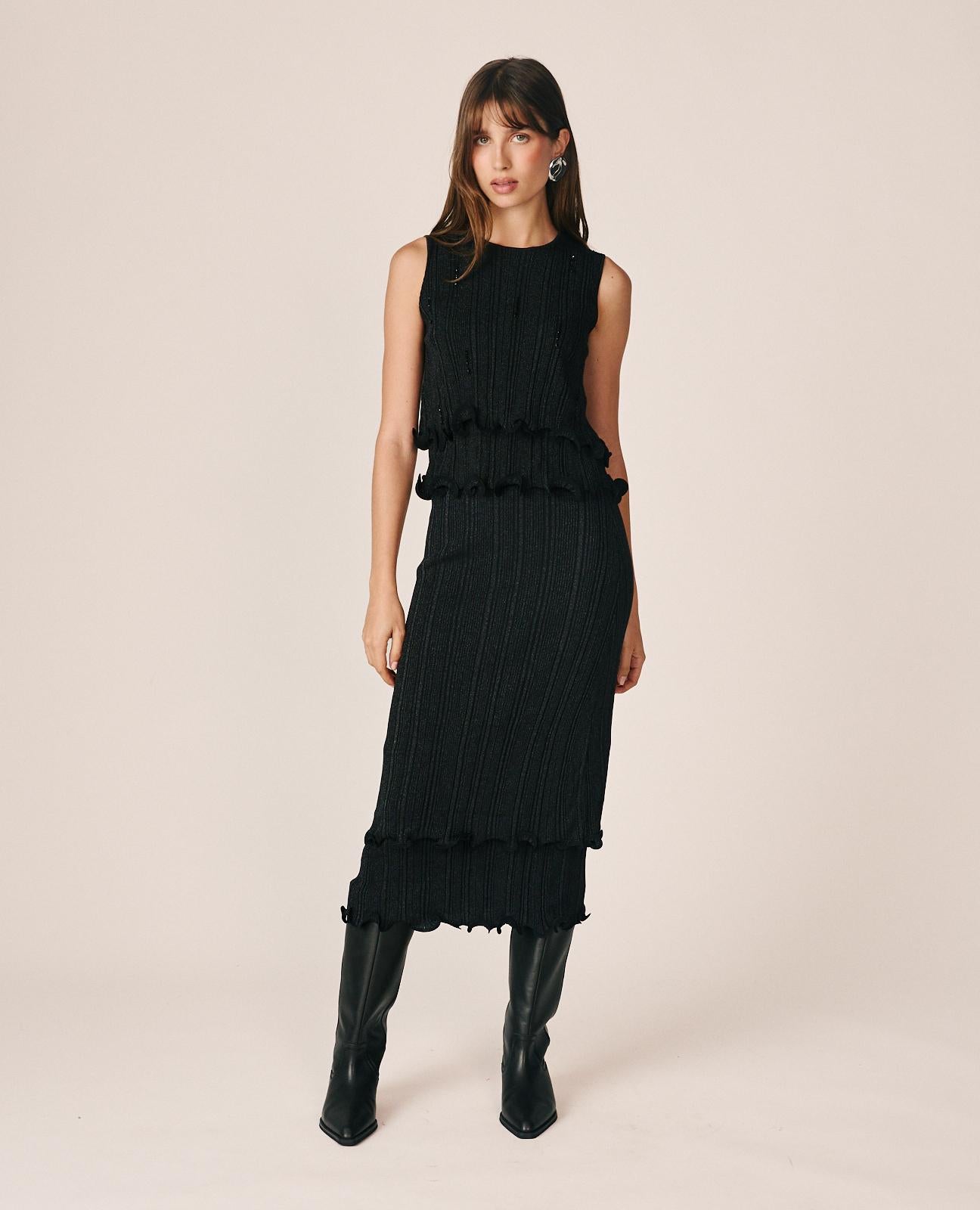 alma-en-pena-strick-midirock-schwarz-glitzer-mit-wellen-saum image 1