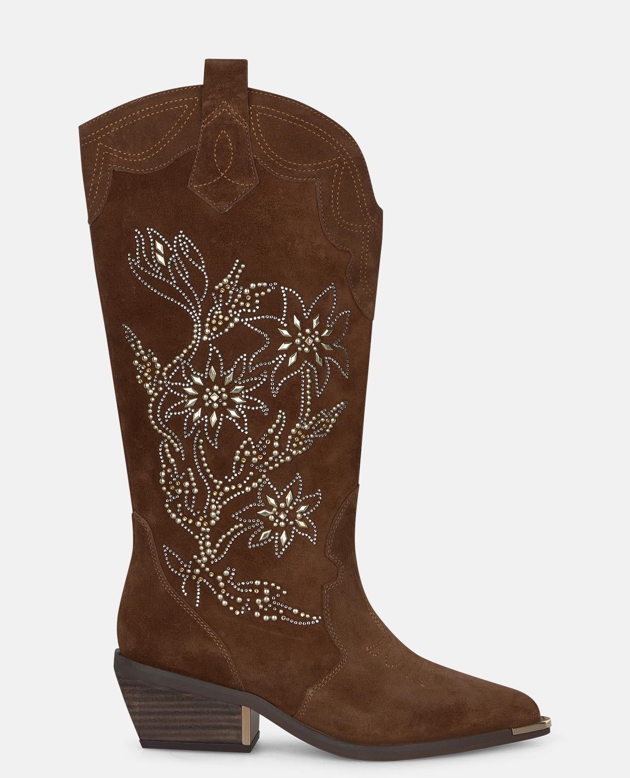 alma-en-pena-floral-suede-cowboy-boots-damen-kniehoch-camel-mit-stickerei image 2