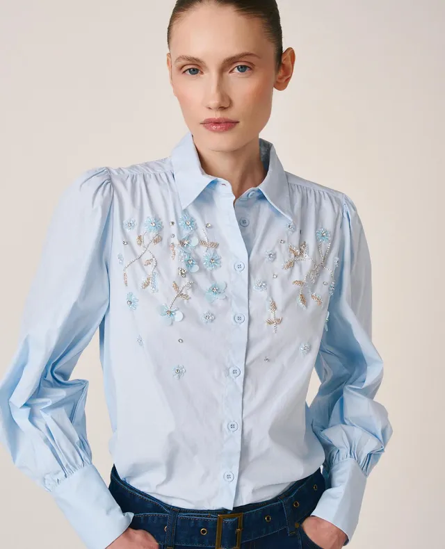 alma-en-pena-popeline-bluse-mit-strass-blumen-blau image 1