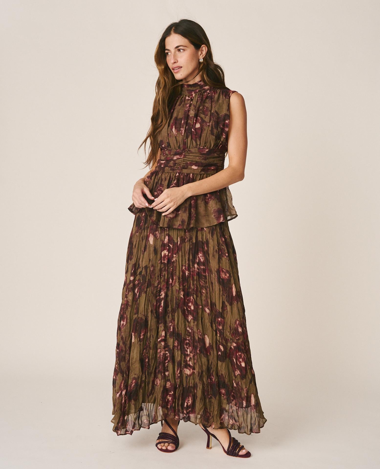 alma-en-pena-long-floral-langer-blumenrock-khaki-krepp image 2
