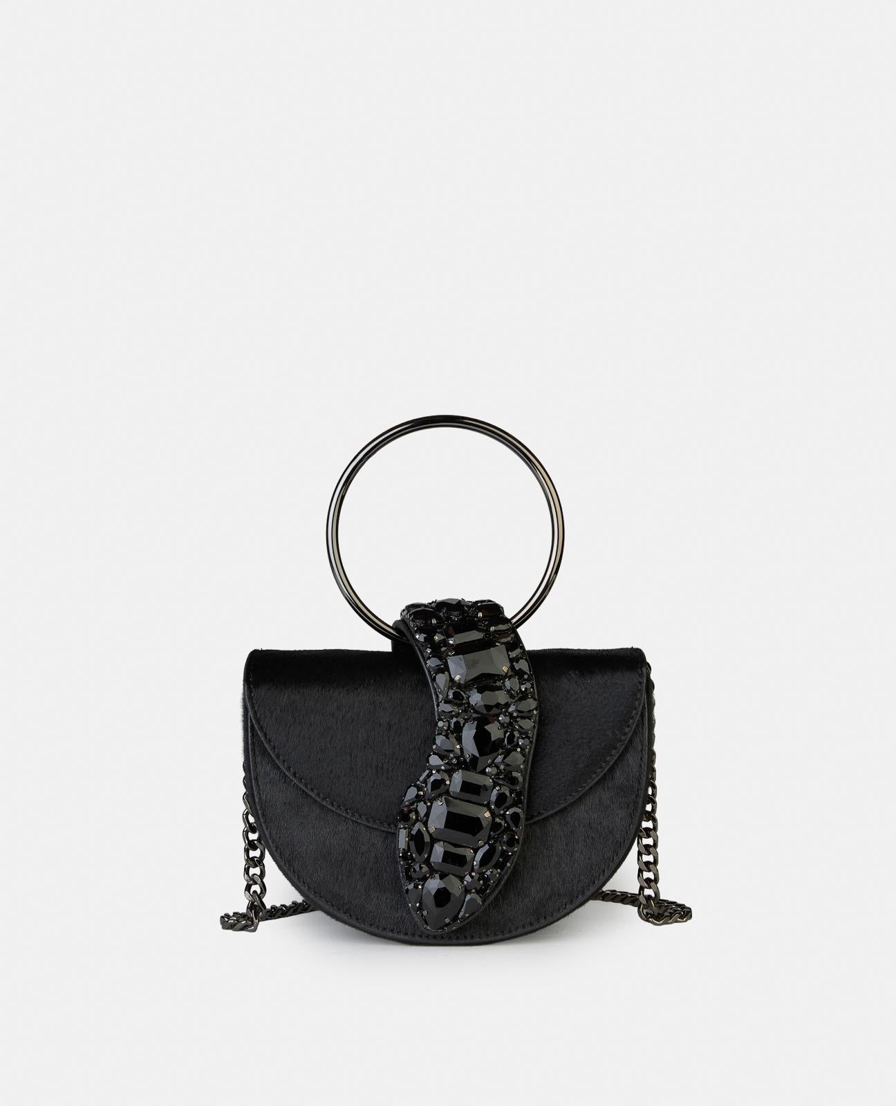 alma-en-pena-half-moon-schultertasche-snake-schwarz-mit-kette-und-schmuckstein image 1