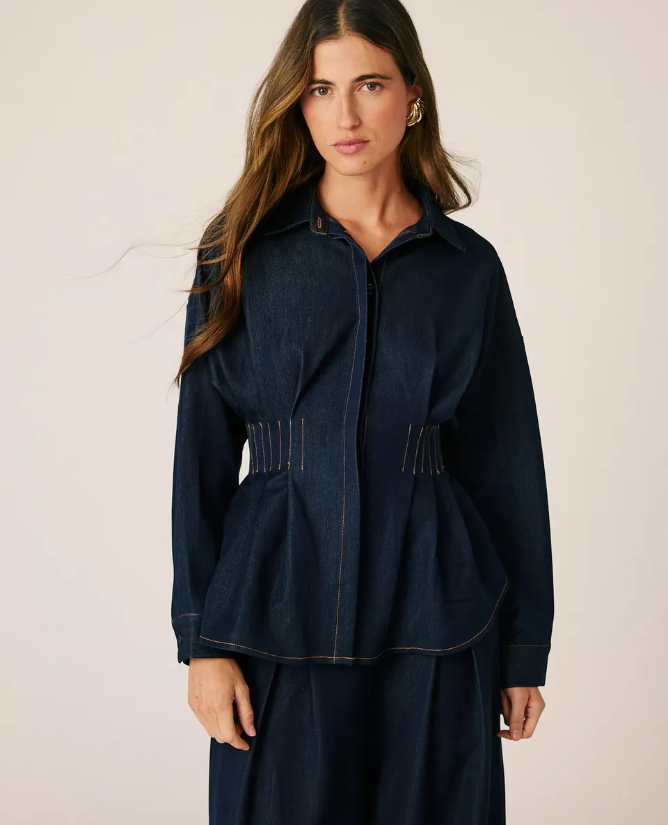 alma-en-pena-pleated-denim-shirt-jeansbluse-mit-taillenfalten-in-blau image 1