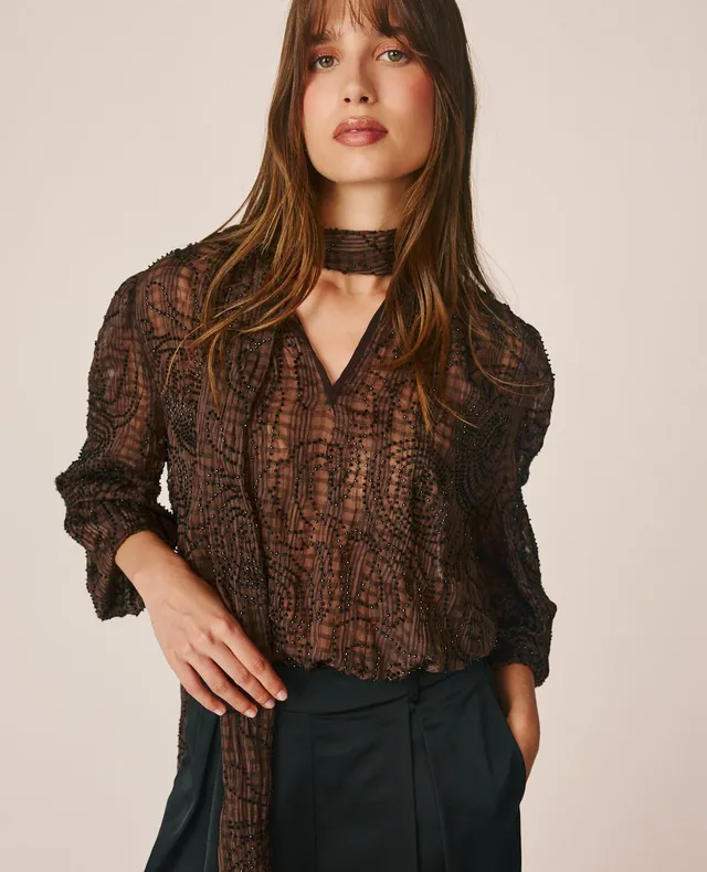 alma-en-pena-organza-bluse-braun-gestreift-mit-perlen-und-bindehals image 1
