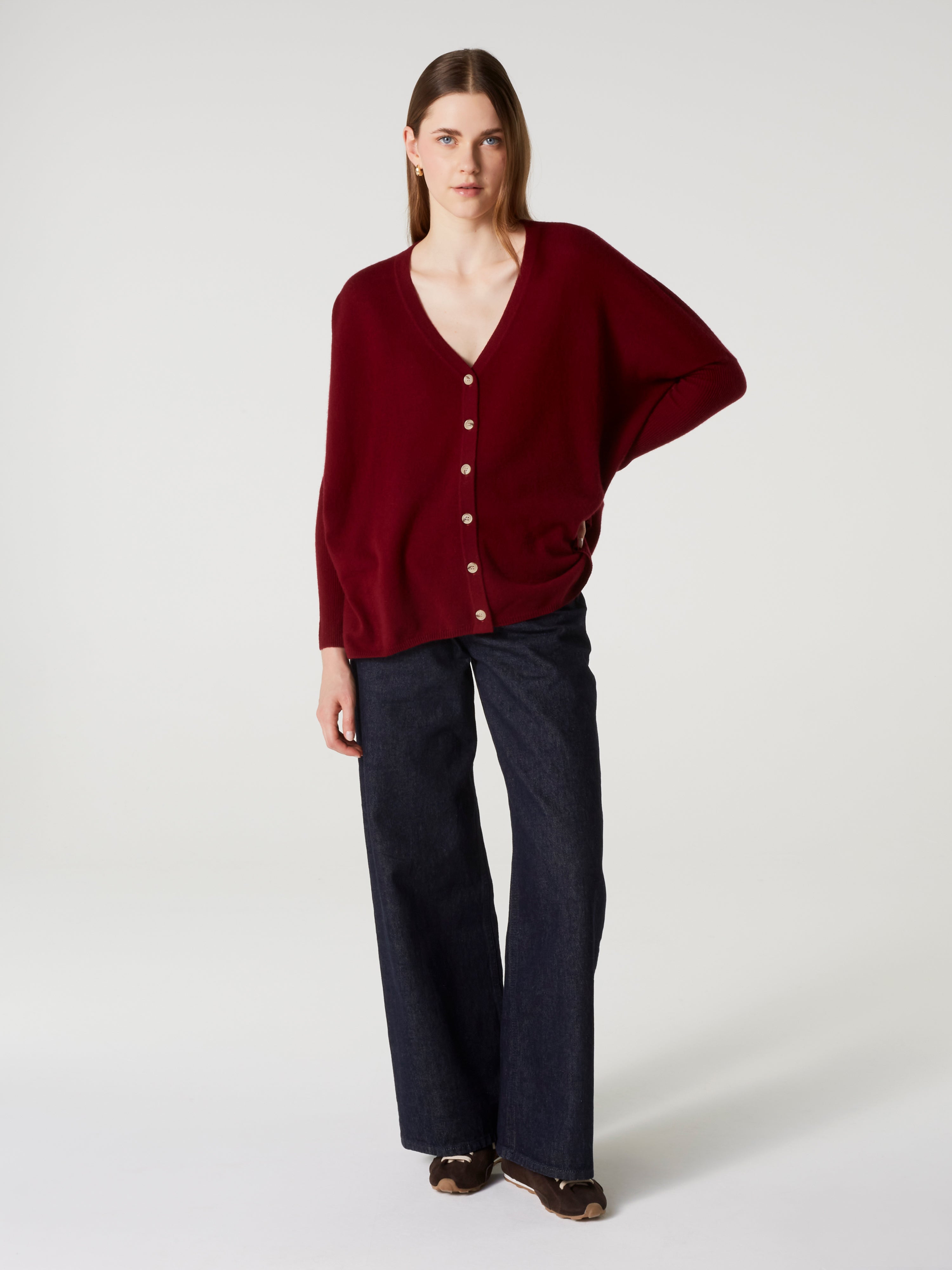 absolut-alison-damen-kaschmir-poncho-cardigan-v-ausschnitt-kirschrot image 5