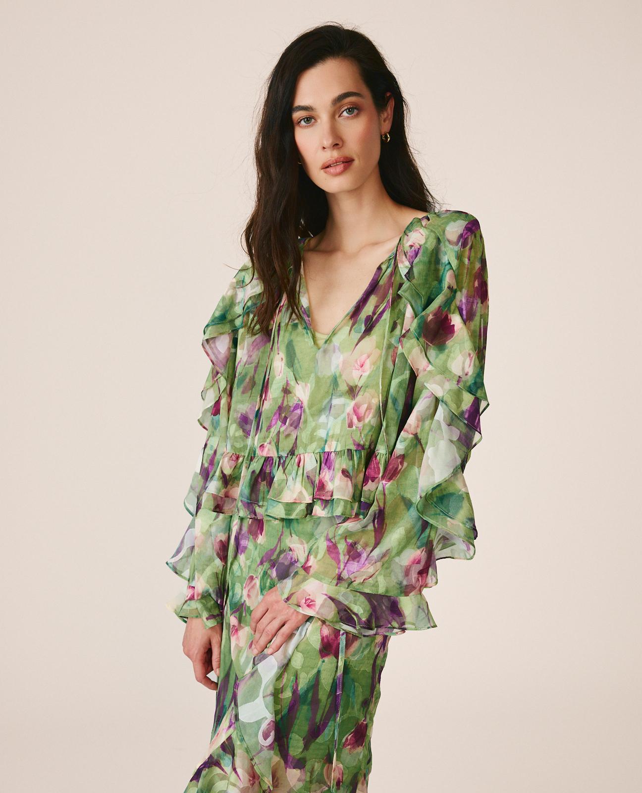 alma-en-pena-ruffle-sleeve-bluse-chiffon-bluse-mit-r-schen-v-ausschnitt-gr-n image 4