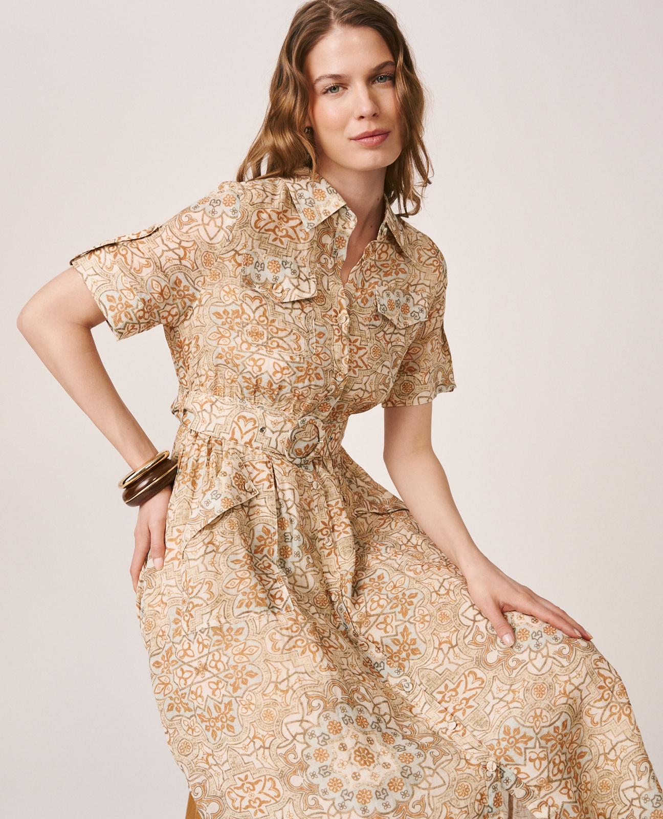 alma-en-pena-mosaik-midi-kleid-kurzarm-hemdkragen-braun image 2