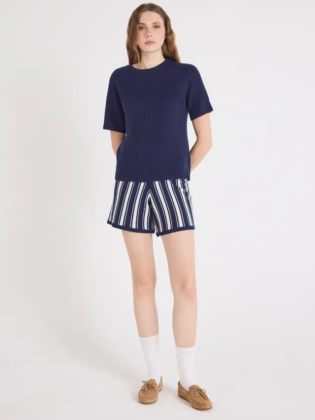 absolut-tyra-shorts-damen-100-kaschmir-oversize-zweifarbige-streifen-creme image 1