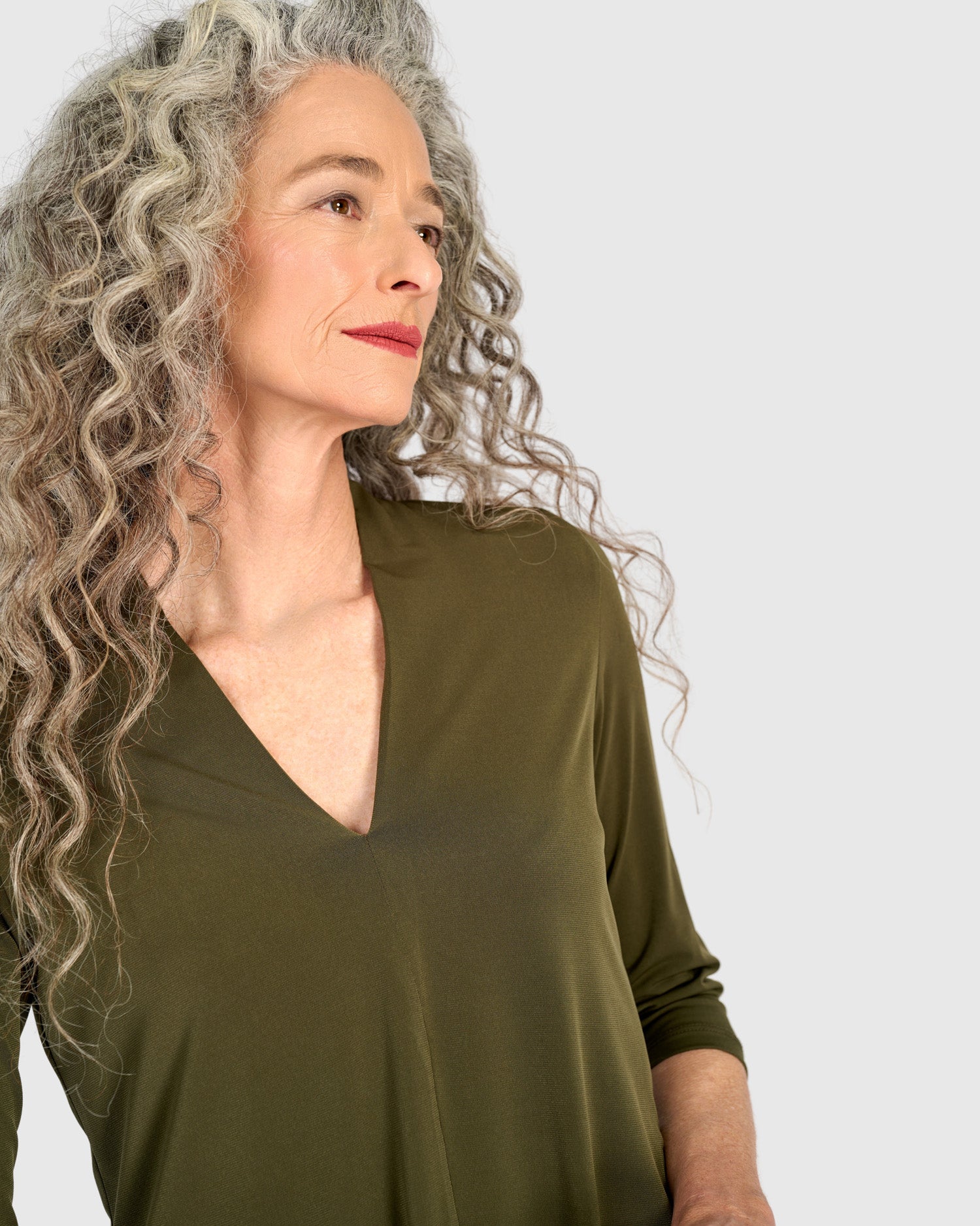 alembika-essential-slinky-v-neck-top-khaki-3-4-arm image 3