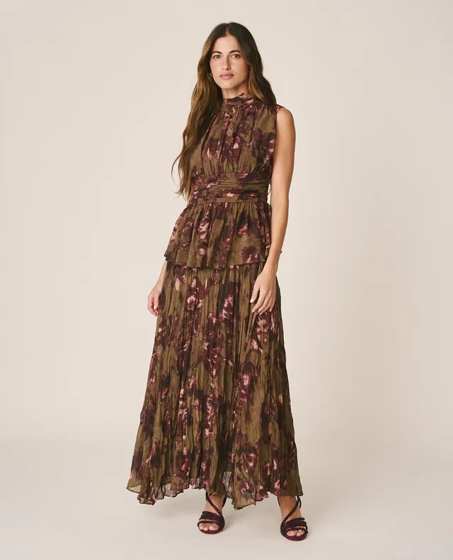 alma-en-pena-long-floral-langer-blumenrock-khaki-krepp image 1