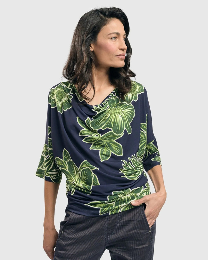 alembika-moku-draped-dolman-top-royal-green-floral-shirt image 1