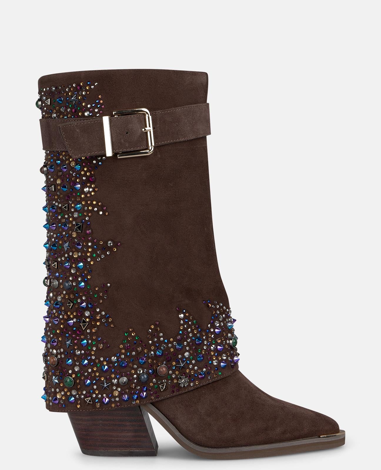alma-en-pena-stiefelette-cowboy-braun-mit-strass-und-blockabsatz-8-cm image 1