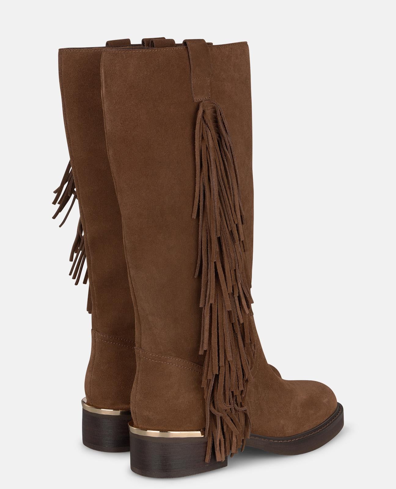 alma-en-pena-lederstiefel-mit-fransen-flache-stiefel-camel-4-cm image 3