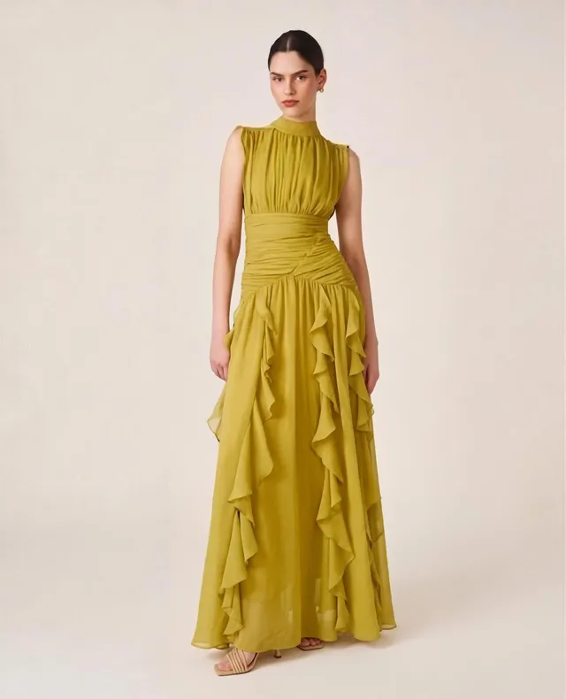 alma-en-pena-maxi-kleid-mit-r-schen-gr-n-hochgeschlossen image 1