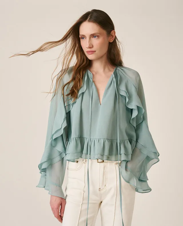 alma-en-pena-langarm-chiffon-bluse-mit-r-schen-rmeln-und-v-ausschnitt-jade image 1