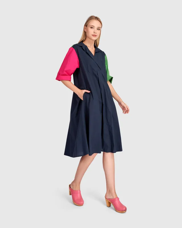 alembika-splash-popover-dress-navy-multi-a-linie-midi-baumwolle image 1