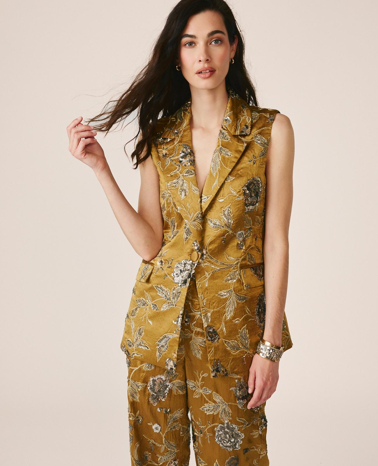 alma-en-pena-floral-vest-taillierte-satin-weste-khaki image 5