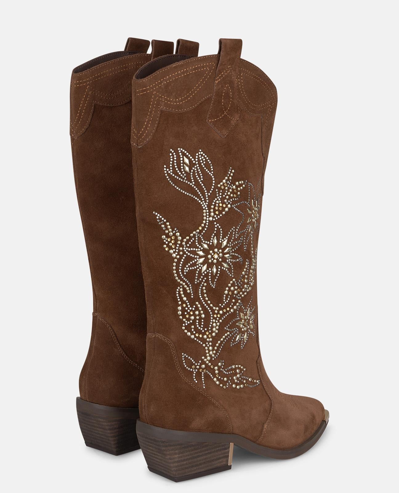 alma-en-pena-floral-suede-cowboy-boots-damen-kniehoch-camel-mit-stickerei image 4