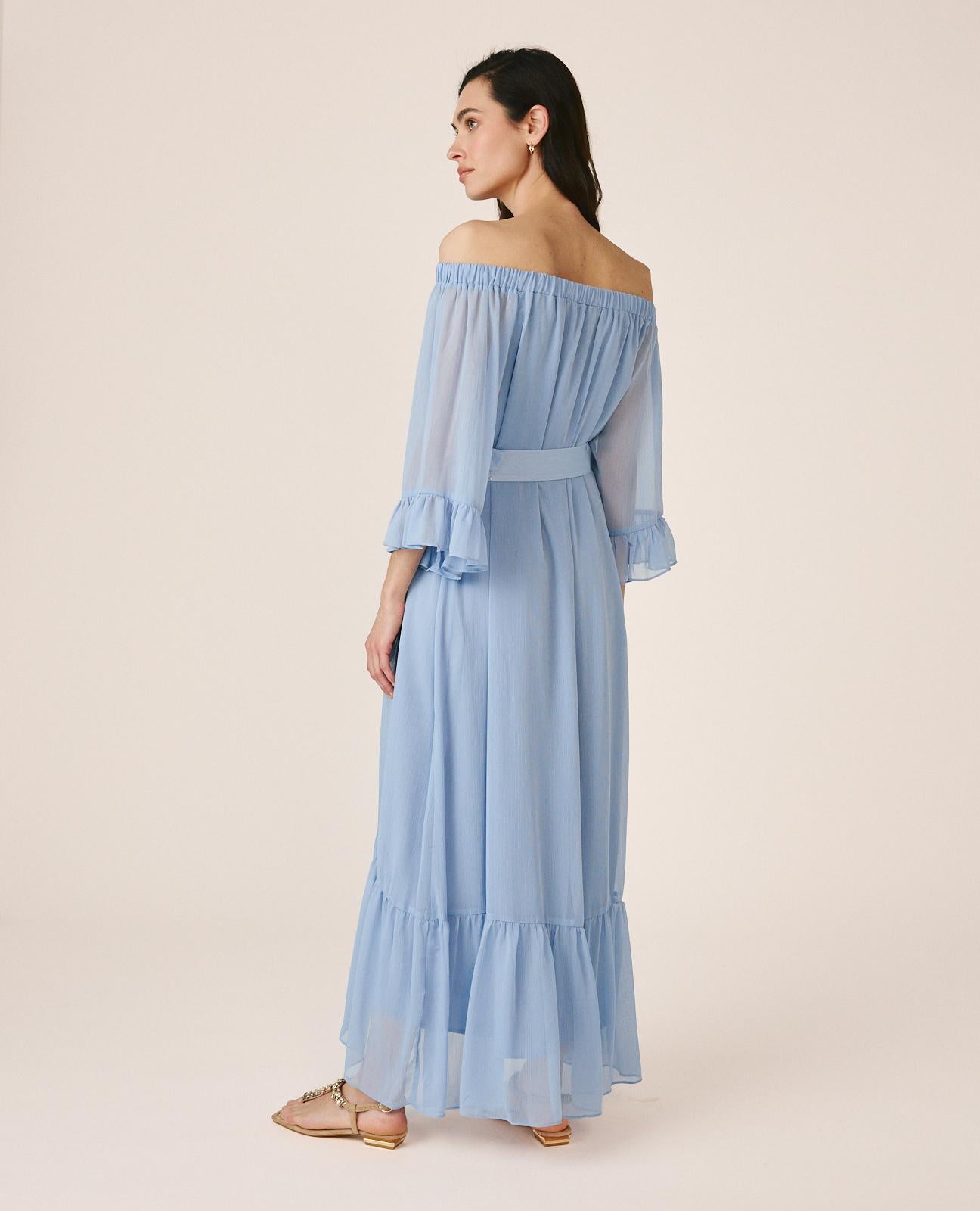 alma-en-pena-midi-kleid-mit-volant-rmeln-hellblau-bardot image 7