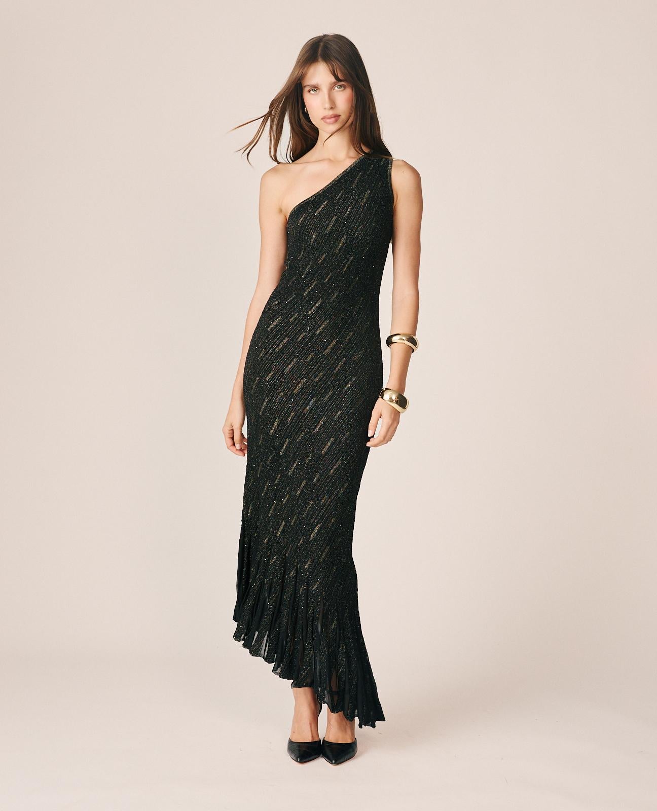 alma-en-pena-fancy-ribbed-midi-kleid-schwarz-glitzer image 1