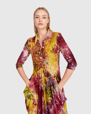 alembika-tangle-draped-pockets-kleid-raspberry-gold image 3