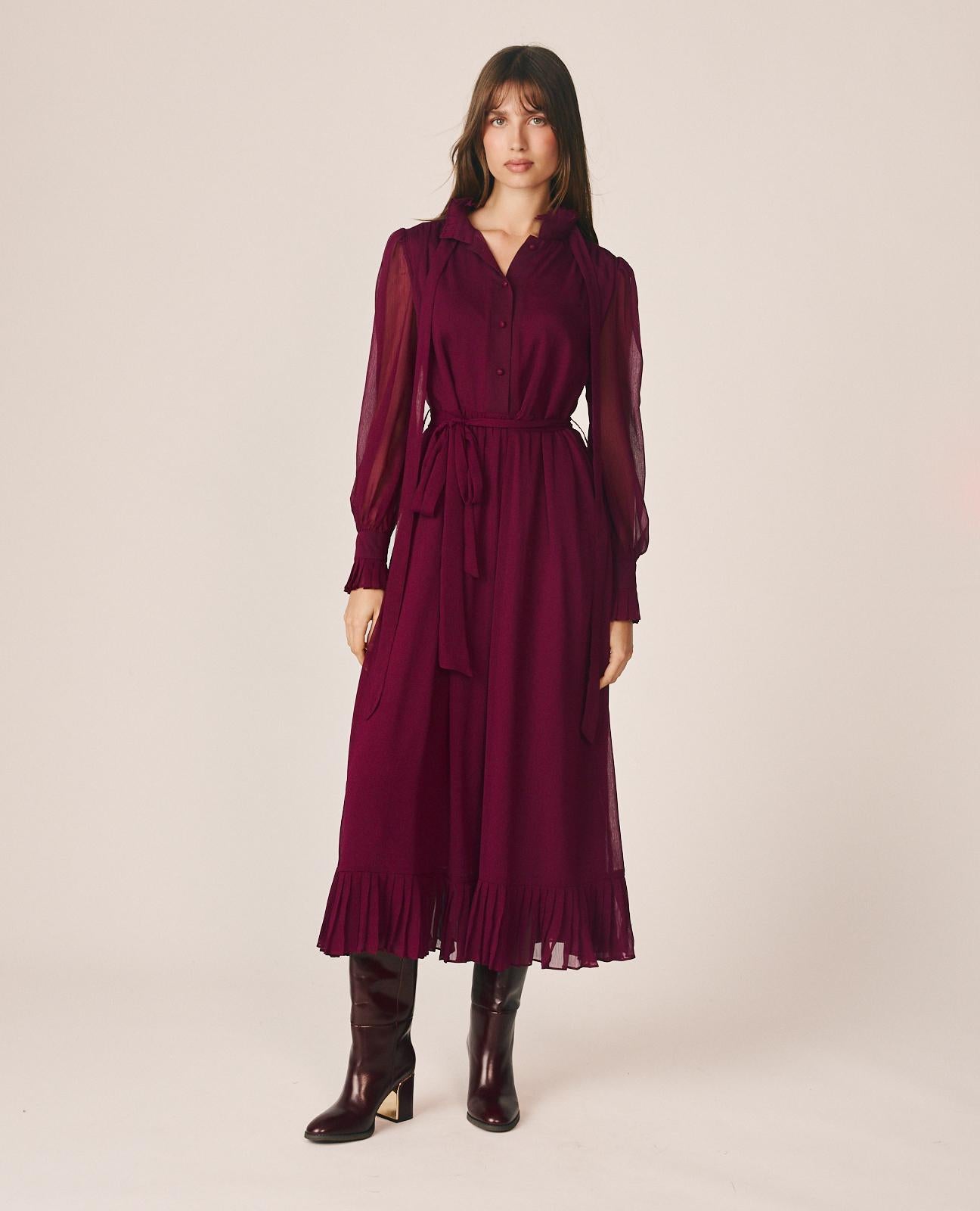 alma-en-pena-midi-chiffonkleid-hemdkragen-bordeaux image 1
