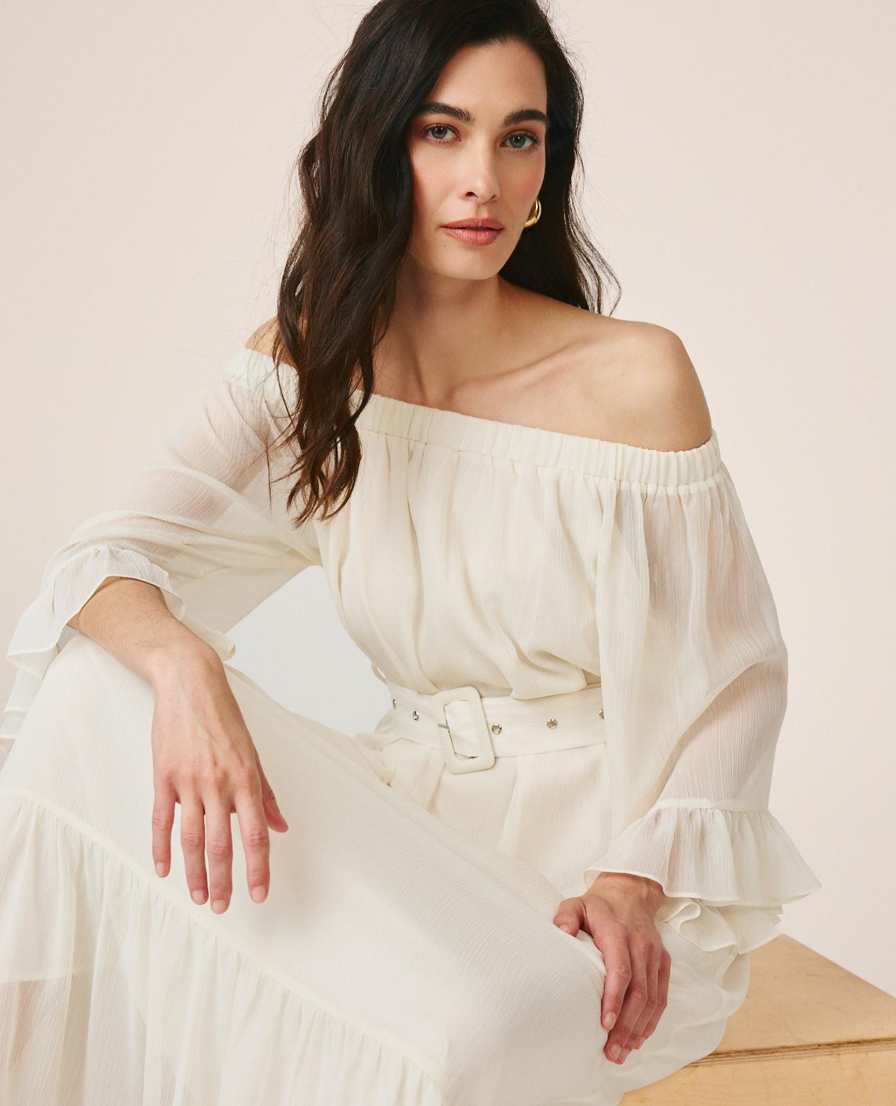 alma-en-pena-midi-kleid-mit-volant-rmeln-und-bardot-ausschnitt-in-wei image 3