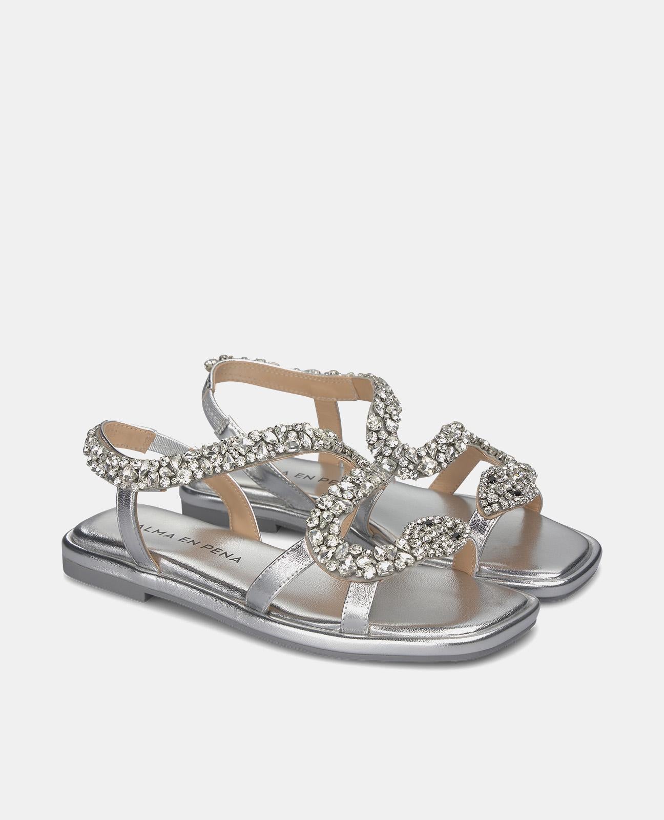 alma-en-pena-flache-sandalen-mit-schlangen-riemen-und-strass-silber-1-cm image 2
