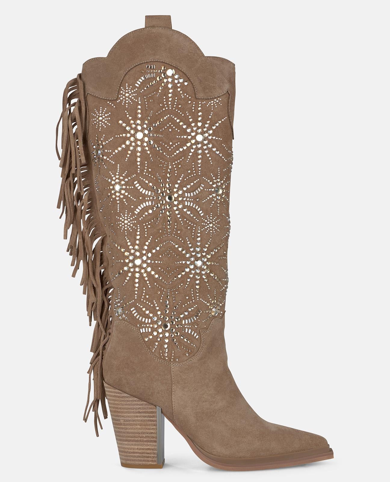 alma-en-pena-stiefel-mit-strass-und-fransen-9-5-cm-keilabsatz-vison image 1