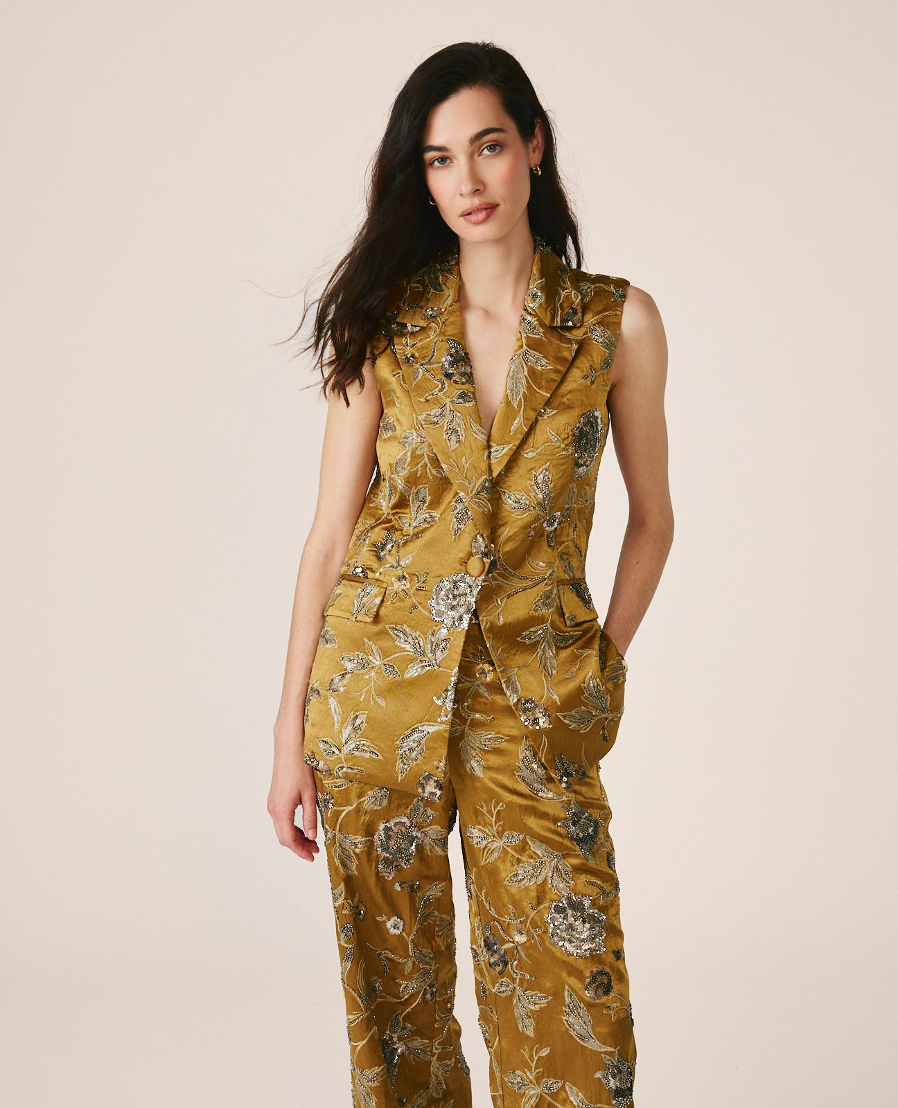 alma-en-pena-floral-vest-taillierte-satin-weste-khaki image 4
