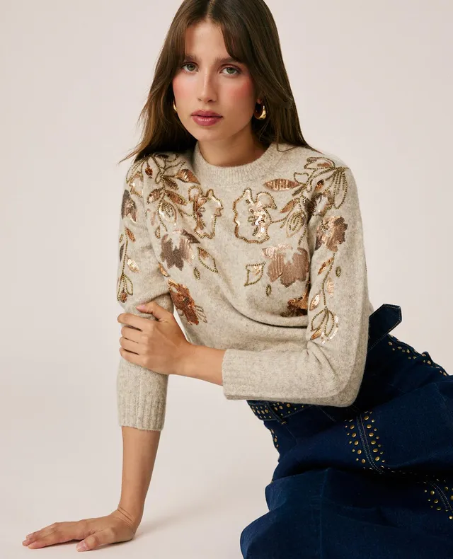 alma-en-pena-strickpullover-mit-blumenstickerei-beige-pailletten image 1
