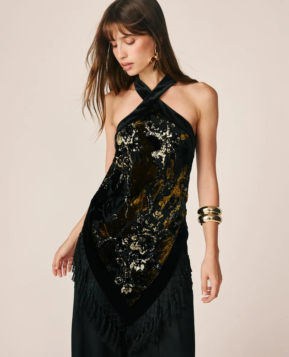 alma-en-pena-abstract-printed-halter-top-schwarz-devor-samt-top-mit-quasten image 1