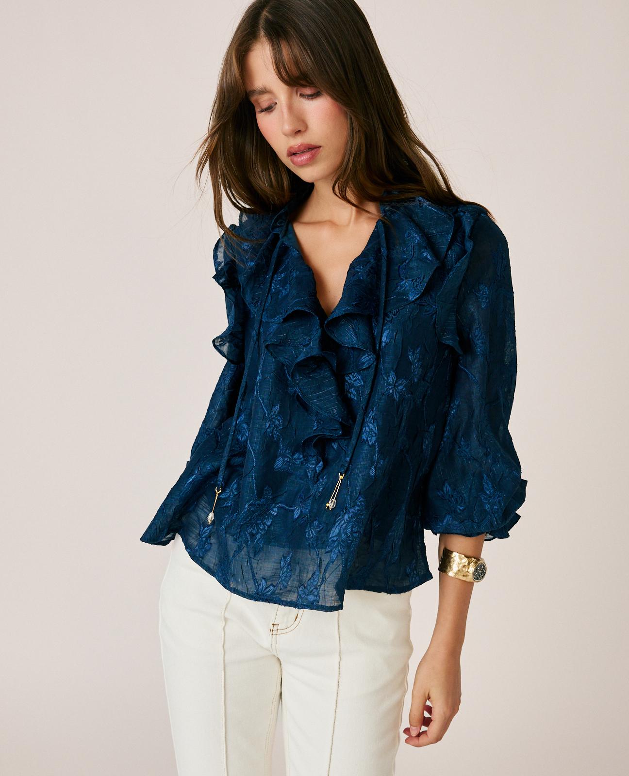 alma-en-pena-jacquard-bluse-mit-floraler-stickerei-langarm-bluse-in-blau image 4