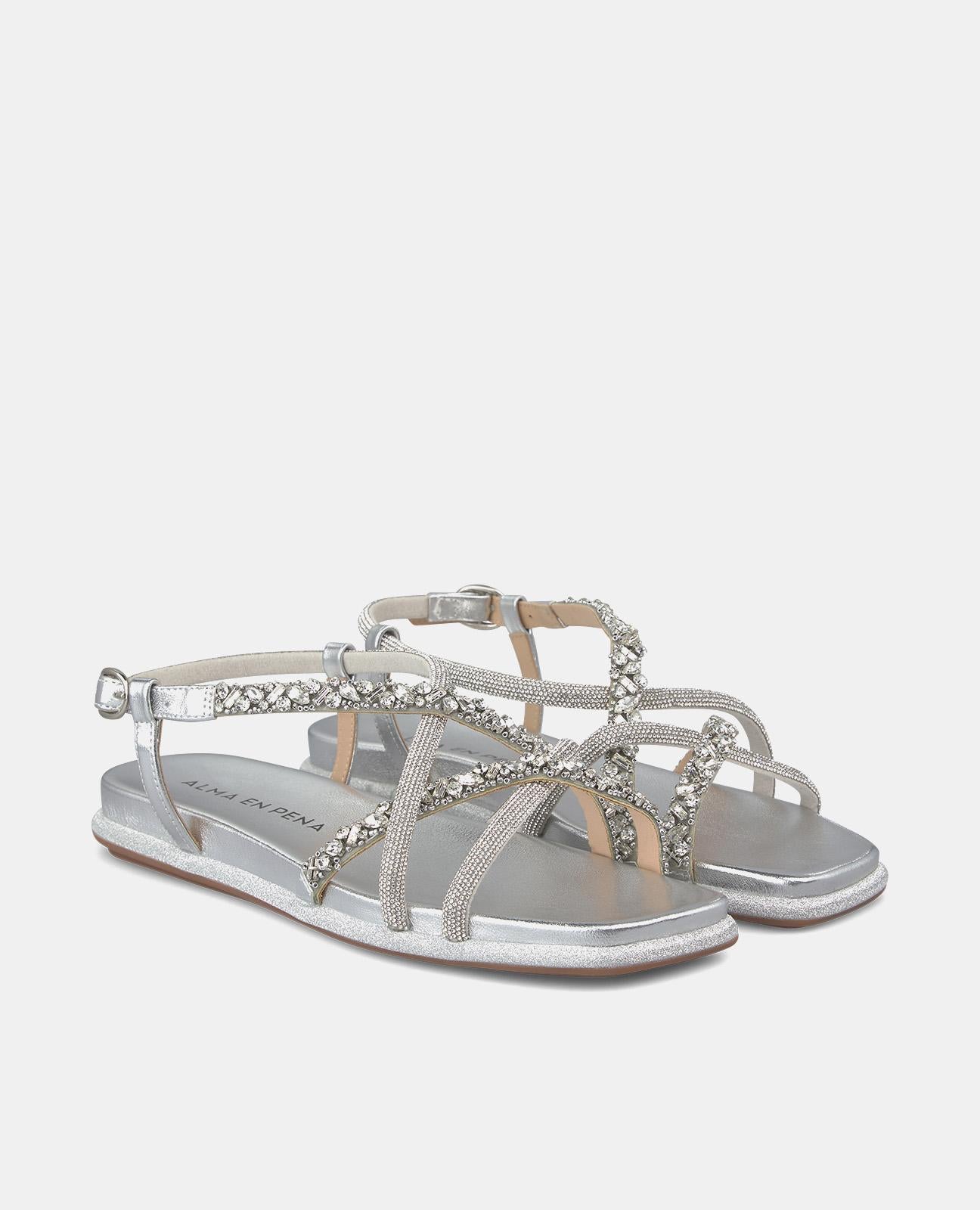 alma-en-pena-flache-gekreuzte-sandale-damen-riemchensandale-silber-mit-glitzer-u image 2
