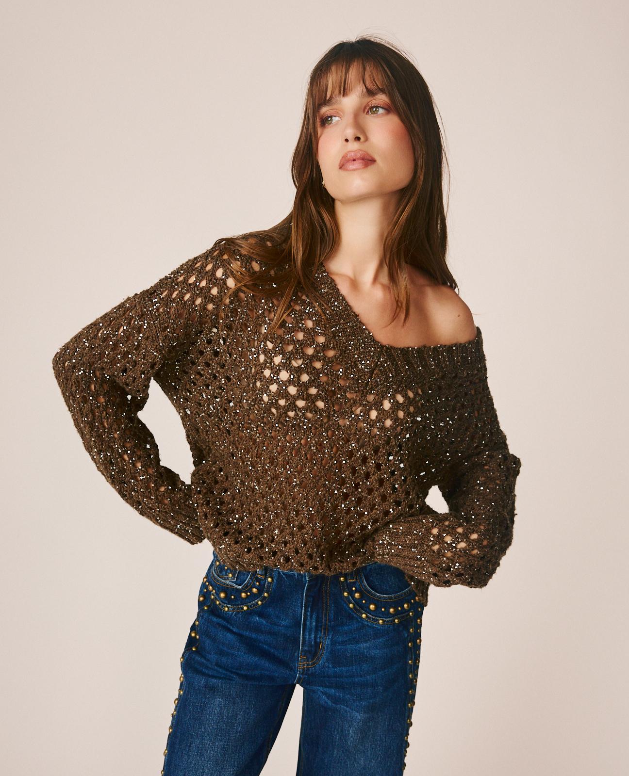 alma-en-pena-ajour-strickpullover-mit-v-ausschnitt-und-pailletten image 2